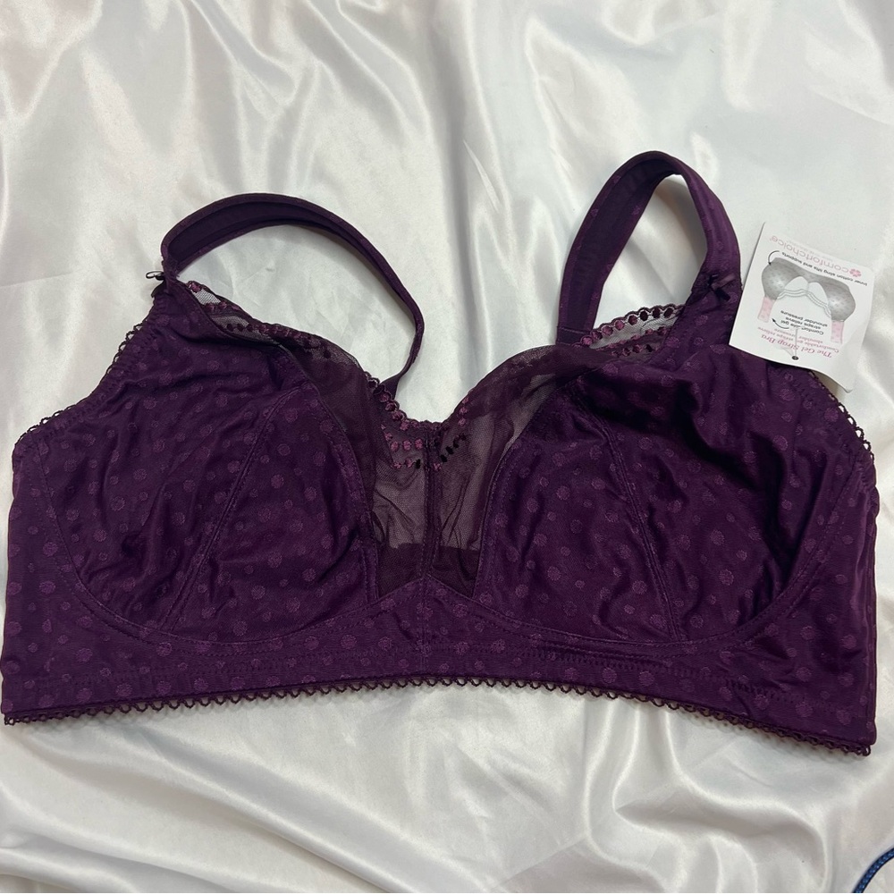 Comfort Choice The Gel Strap Purple Polka Dot Mesh Bra, size 42C NWT